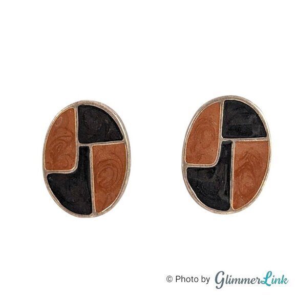 Chico's Oval Brown Black Swirl Checkered Enamel Pierced Silver Tone Earrings - Picture 1 of 10
